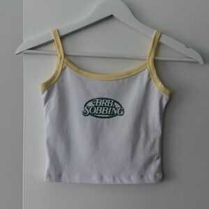 Mayfair BRB SOBBING White and Yellow Tank Top with Graphic